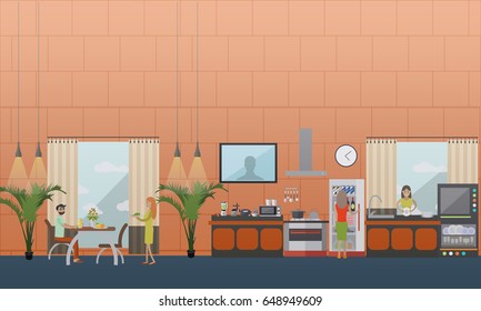 Vector Set Of Kitchen Flat Style Design Elements Family Couple Having Lunch Or Dinner, Housewife Washing Dishes. Dining Room And Kitchen Interior.