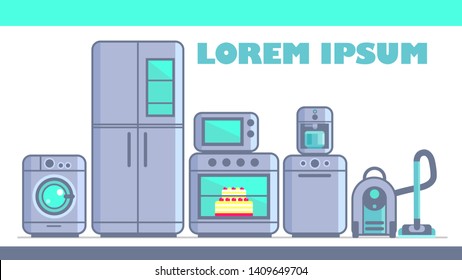 Vector set of kitchen and household appliances flat symbolic design composition for cover, flyer, web banner