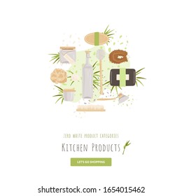 Conjunto vectorial de cocina, limpieza doméstica y doméstica Productos de Desperdicios Cero. Cajón para el almuerzo, paquete de vidrio, bolsas reutilizables, cubiertos y cepillos para el hogar con bambú, decorativos de algodón. Conjunto de ecología.