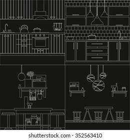 Vector set of kitchen interior design in modern style. Vector template for business card and banner made in line style