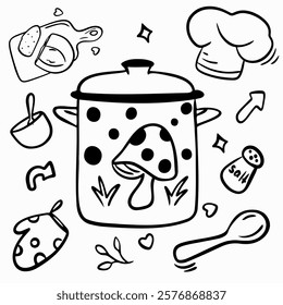 Vector set of kitchen items in doodle style: saucepan with mushrooms, chef's hat, spoon, bowl, potholder, board with bread, salt, flowers