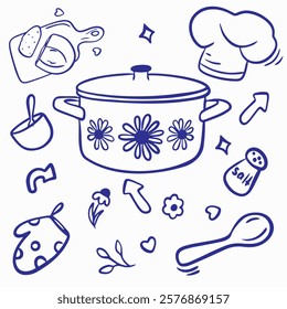 Vector set of kitchen items in doodle style: pot with flowers, chef's hat, spoon, bowl, potholder, board with bread, salt, flowers