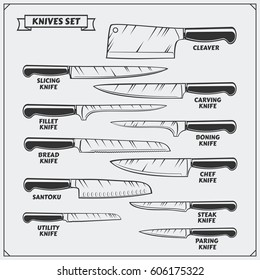 Vector set of kitchen knives. Cutlery set.