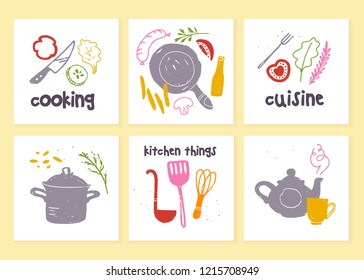 Vector set of kitchen labels for menu design, chalkboard drawing, advertising, logo samples, tags, packaging, emblems etc. Cooking items: pan, pot, knife, egg beater illustration. Hand drawn sketch.