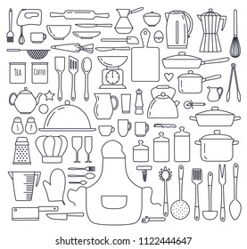 Vector set of kitchen objects. Items for cooking. Outline.