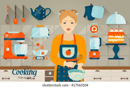 Vector set of kitchen objects. Printable art for culinary postcard, book and menu. Flat style. Illustration beautiful girl is preparing in the kitchen. A fun  collection of kitchen utensils.