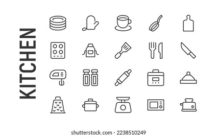 Vector set of kitchen thin line icons. Design of 20 stroke pictograms. Signs of kitchen isolated on a white background.
