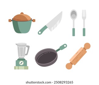 Vector conjunto de herramientas de cocina. Herramientas de cocina lindas, Ilustración vectorial aislada en el fondo blanco