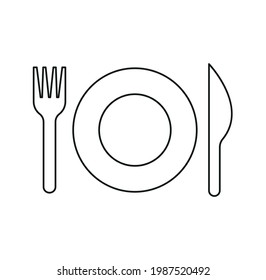 Vector set of kitchen tools. Restaurant menu icon. Vector fork, knife and plate icon logo. Black silhouette isolated on white background.