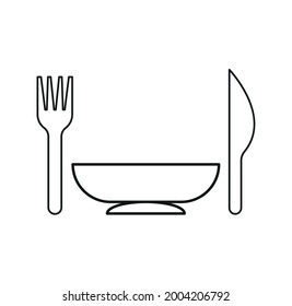 Vector set of kitchen tools. Restaurant menu icon. Vector fork, knife and plate icon logo. Black silhouette isolated on white background.