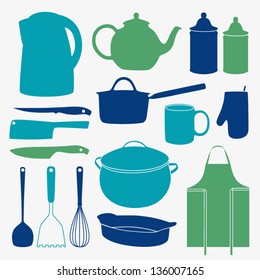 Vector set of kitchen tools. Retro cooking poster in green and blue color.