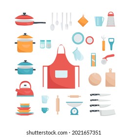 Vector set of kitchen tools. Tableware collection. Lots of kitchen tools, dishes, cutlery. Vector illustration