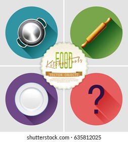 Vector set with kitchen tools. Wooden rolling-pin, plate, saucepan in the style of realism