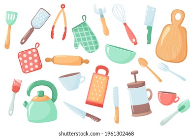 Vector set of kitchen utensils in cartoon style. Kitchen tools icons illustration. Isolated on white background. Cooking tools in vintage flat style
