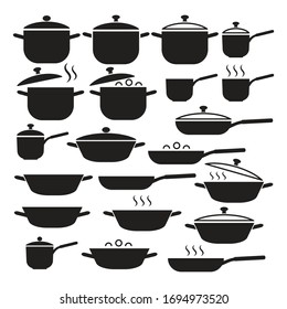 Vector set of kitchen utensils. Collection pots and pans with lids.