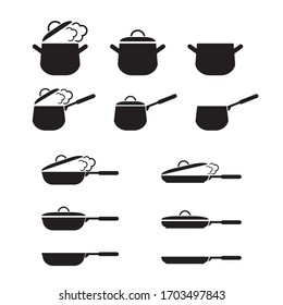 Vector set of kitchen utensils. Collection pots and pans with lids.