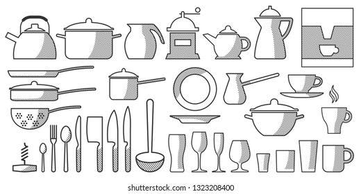 Vector Set Kitchen Utensils. Cooking tools flat style. Cook equipment isolated objects. Contains such Icons as Plate Stack, Wine glass, Unbreakable Dishes and more - Vector illustration.