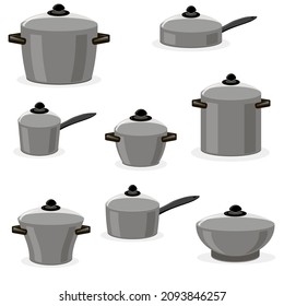 Conjunto vectores de utensilios de cocina. Pan de cocina, Pan de fritura aislado en fondo blanco. Artículos de cocina o de cocina para cocinar.