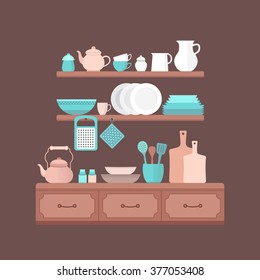 Vector set of kitchen utensils for cooking. Illustration on the theme of cooking. Kitchen background.