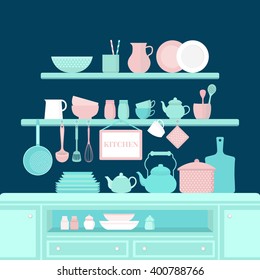 Vector set of kitchen utensils for cooking. Kitchen tools. The interior of the kitchen. Set of vector elements for the kitchen. Illustration in flat style.