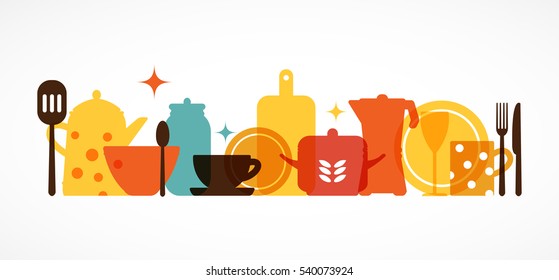 Vector set of kitchen utensils for cooking. Kitchen tools. The interior of the kitchen. Set of vector elements for the kitchen