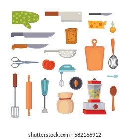 Vector Set Kitchen Utensils. Cooking Tools Flat Style. Cook Equipment Isolated Objects