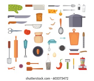 Vector Set Kitchen Utensils. cooking tools flat style. cook equipment isolated objects