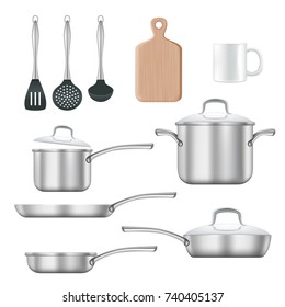 Vector set of kitchen utensils. Cooking pan, frying pan, cutting board, etc realistic 3d illustration isolated on white background.