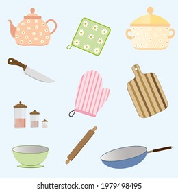 Vector  set of kitchen utensils for home cooking and tools for food preparation 