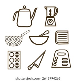 A vector set of kitchen utensils icons for cooking, featuring a pot, pan, fork, spoon, and knife