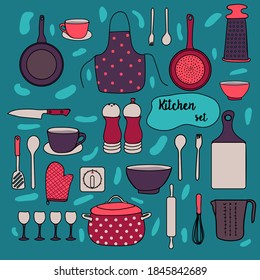 Vector Set Kitchen Utensils illustration. cooking tools doodle style, isolated objects 