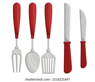 Vector set of kitchen utensils isolated on white background. Kitchen utensils, cooking appliances, kitchen tools collection in flat style. Scoop, turner, big fork and knives in flat style.