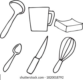 Vector set of kitchen utensils: ladle, whisk, knife, spoon, mug. Black color