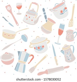 vector set with kitchen utensils in pastel colors on a white background. print with cute utensils for the design of printed materials, packaging, backgrounds