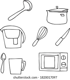 Vector set of kitchen utensils: saucepan, water filter, microwave oven, ladle, whisk, knife, spoon, mug. Black color
