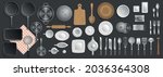 Vector set. Kitchen utensils. Top view. Kitchenware, cookware, kitchen tools collection. (view from above)