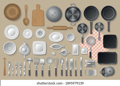 Vector set. Kitchen utensils. Top view. Kitchenware, cookware, kitchen tools collection. (view from above)