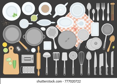 Vector set. Kitchen utensils. Top view. Kitchenware, cookware, kitchen tools collection. (view from above)