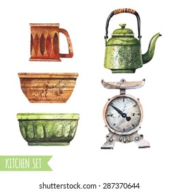 Vector set of kitchen utensils in a watercolor style. Bowls, cups, kitchen scales.