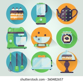 Vector set of kitchenware icon. Cooking illustration in flat style. Kitchen collection of graphic icons. Retro cover. Cooking appliances. Bank of blueberry jam. Kitchen scales. Icons for cookbook.