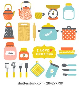 Vector set of kitchenware: pans, jars with jam and milk, grater, dishes, cup, teapot, kettle, kitchen scale, rolling pin, spoon, fork, knife, cutting board. Bright hand drawing elements for cooking.