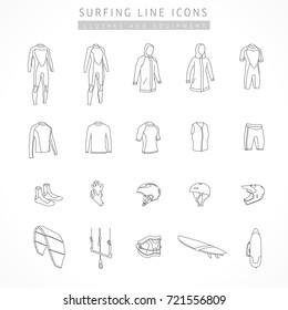 Vector set of kite surfing and active sport line icons. Icons of clothing and equipment for surfing - indoor suit, vest, kiteboard, neoprene shoes, shorts, gloves, helmets, trapeze, bags board, strap