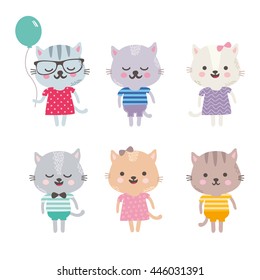 Vector set with kitten. Cats character collections. Funny animals in bright clothes. Simple and cute style. 