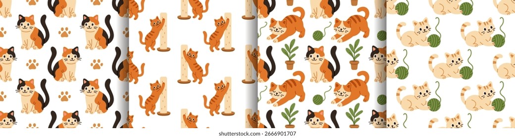 Vector set of kitten seamless patterns. Charming cats for fabric, prints, children designs and pet inspired projects. Collection of cats seamless patterns.