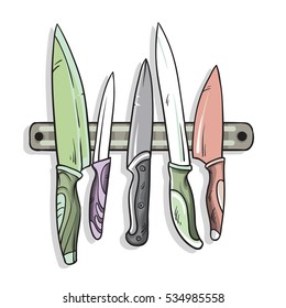 Vector set of knifes on magnet for kitchen. Isolated on white background.