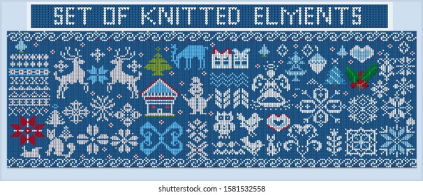 Vector set of knitted Christmas elements and decorations. Knitted snowflakes, ornaments, birds, Christmas trees and gifts on a blue background