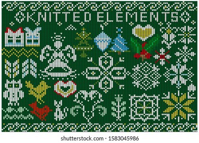 Vector set of knitted Christmas elements and decorations. Knitted snowflakes, ornaments, birds, Christmas trees and gifts on a green background.