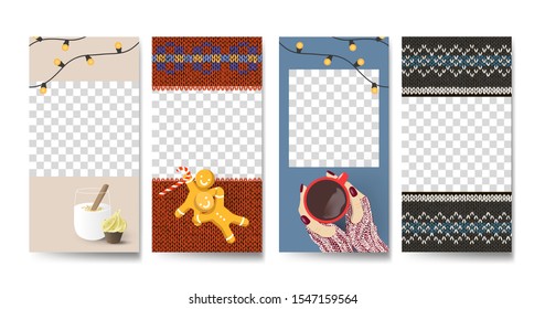 Vector set of Knitted Christmas social media stories design templates, party  background / banners, 2020 new year greeting cards, mobile story wallpaper layout