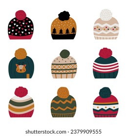 Vector set of knitted hats. Winter set of headwear. Cute hats in hand-drawn style. Cartoon vector illustration with white isolated background. Fall and winter season.