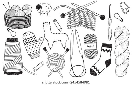 Vector set with knitting elements. Yarn, knitting needles, wool, knitted socks, alpaca, pins, etc. Doodle style.